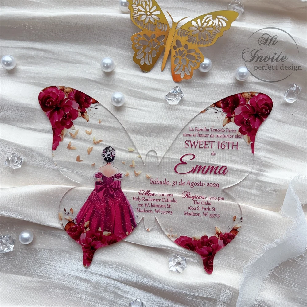 Бордовое акриловое приглашение в виде бабочки Quinceañera с принцессой, необычное акриловое приглашение на день рождения для сладости 15. Бордовое акриловое приглашение в виде бабочки Quinceañera с принцессой, необычное акриловое приглашение на день рождения для сладости 15.