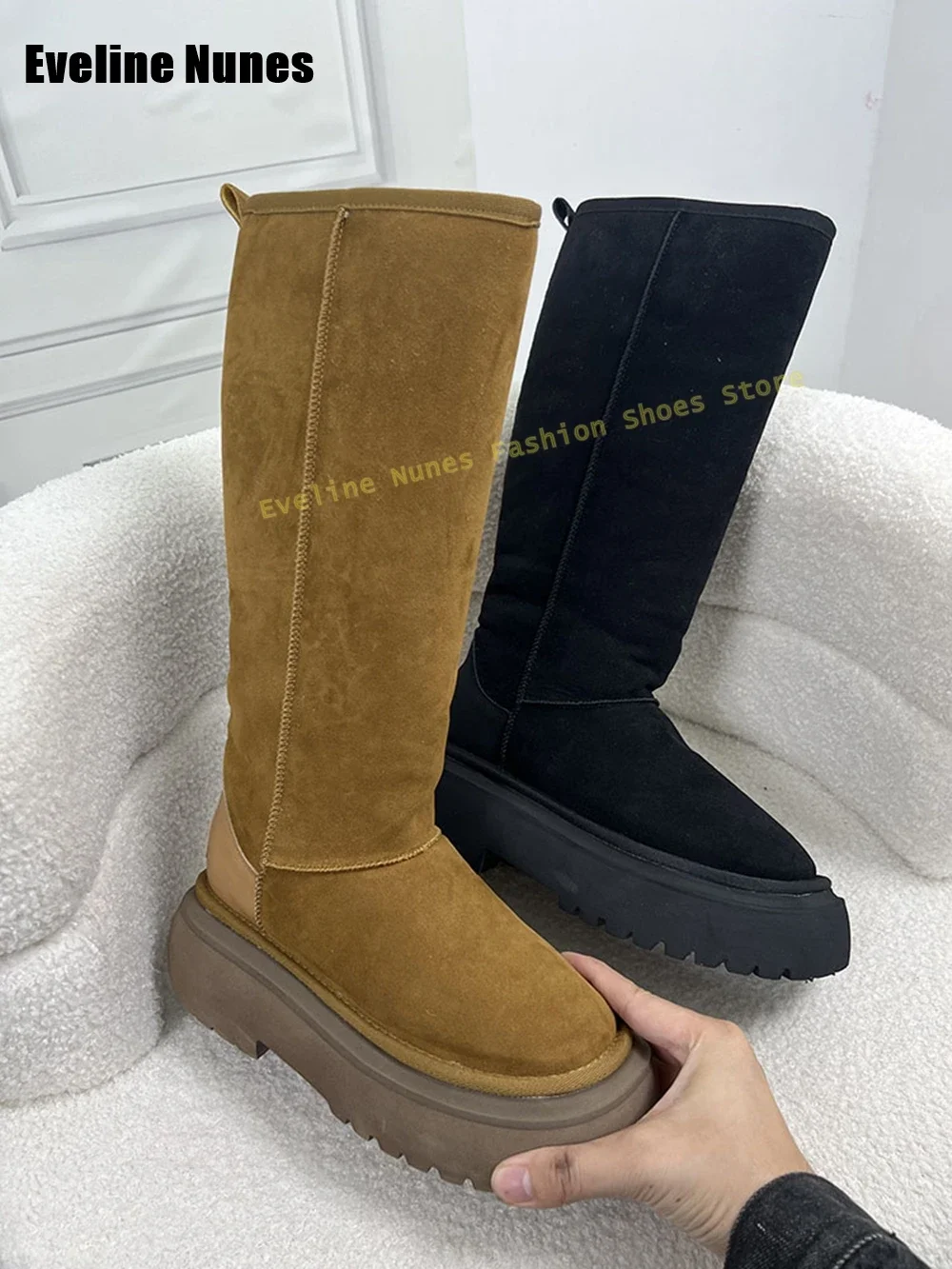 

Women Patchwork Knee High Boots 2025 Brown Fur Platform Knight Boots Round Toe Thick Sole Zipper Closure Winter New Arrivals