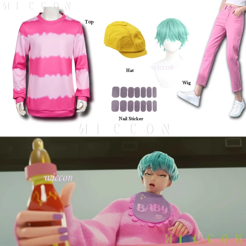 K팝 베이비 사자 보이즈 데몬 헌터 코스프레 상의 바지 코스프레 모자 가발 핑크 롤플레잉 코스튬 할로윈 그룹 의상 귀여운 옷