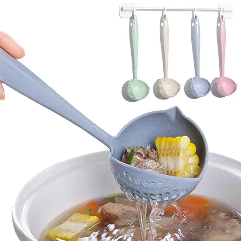 Multifu Wheat Straw Skimmer Spoon 2 In 1 Long Handle Soup Ladle With Strainer For Kitchen Pasta Noodles Hot Pot Broth Serving