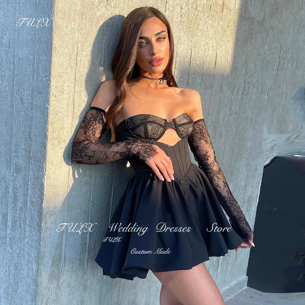 

TULX Black Mini Short Prom Dress Sweetheart Cocktail Dress Stain Lace Sexy Speical Occasion Gowns Club Night Wear Customized