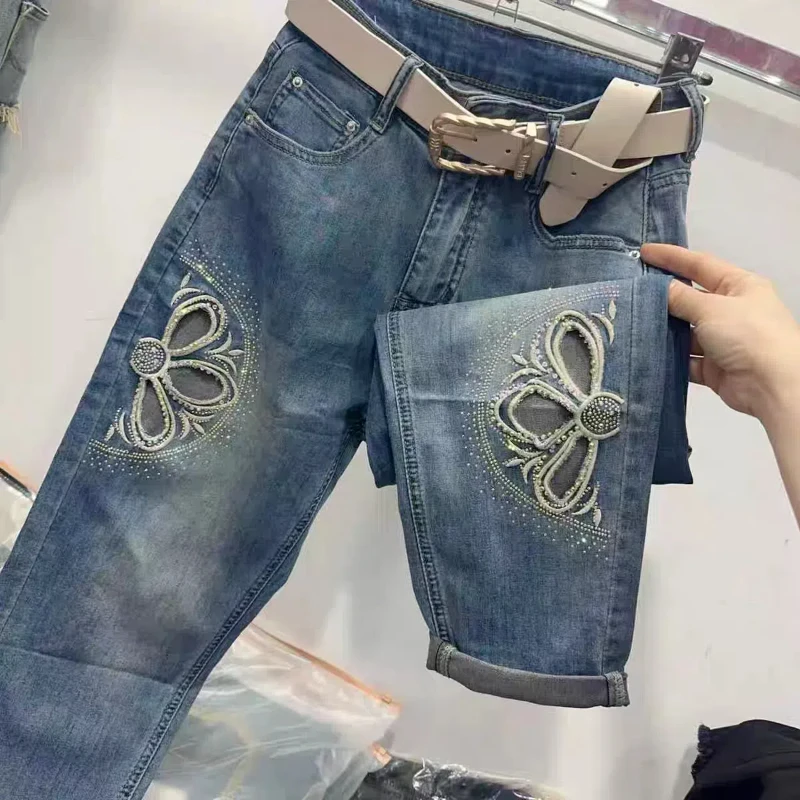 

Новые летние укороченные брюки для тяжелой промышленности с горячими бриллиантами и бабочкой, корейская версия, джинсы-шаровары