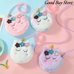 Kids Round Plush Purse Cartoon Unicorn Shoulder Bag Corduroy Handbags Children Circle Wallet Mini Key Earphone Organizer Bags