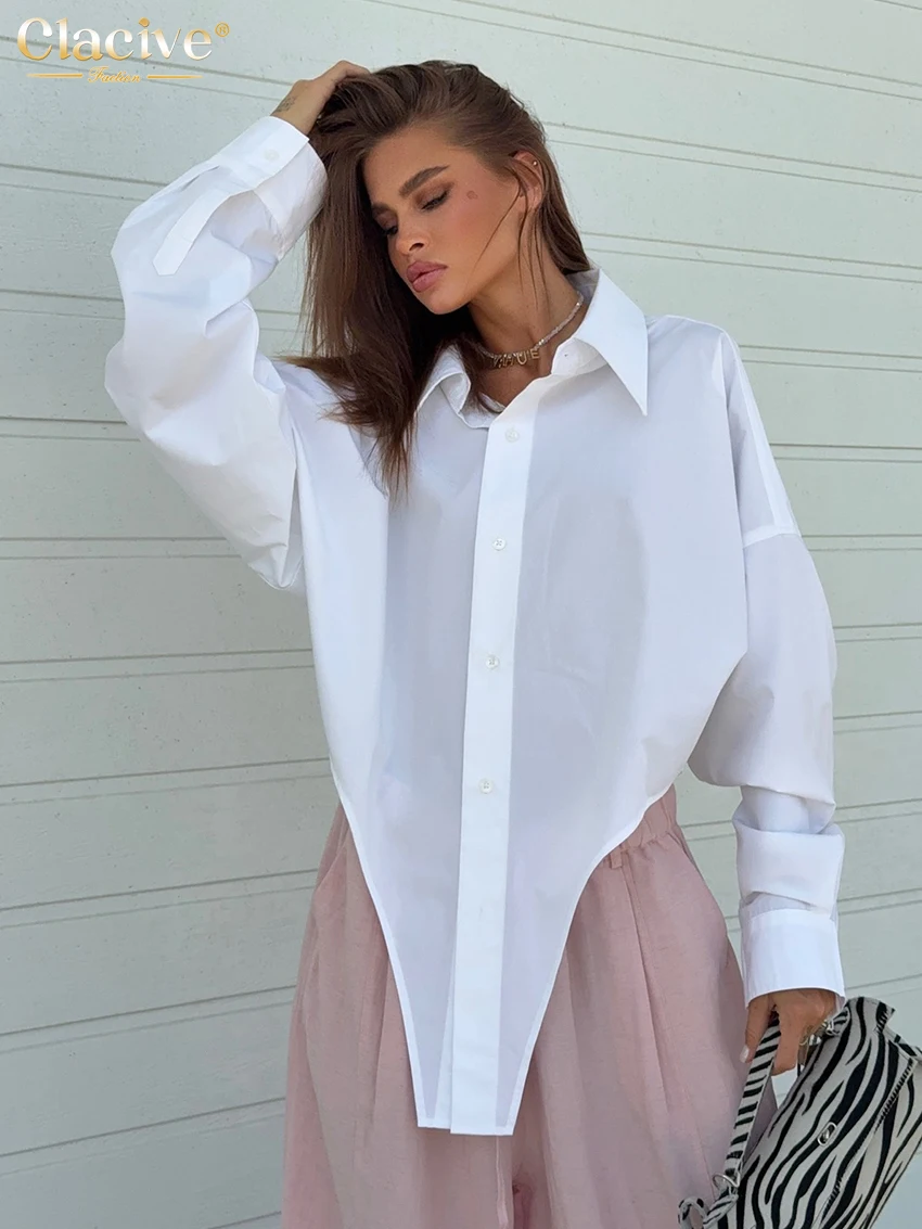 

Clacive Fashion Loose White Cotton Women's Blouse 2025 Casual Lapel Long Sleeve Shirt Elegant Classic Solid Top Female Clothing