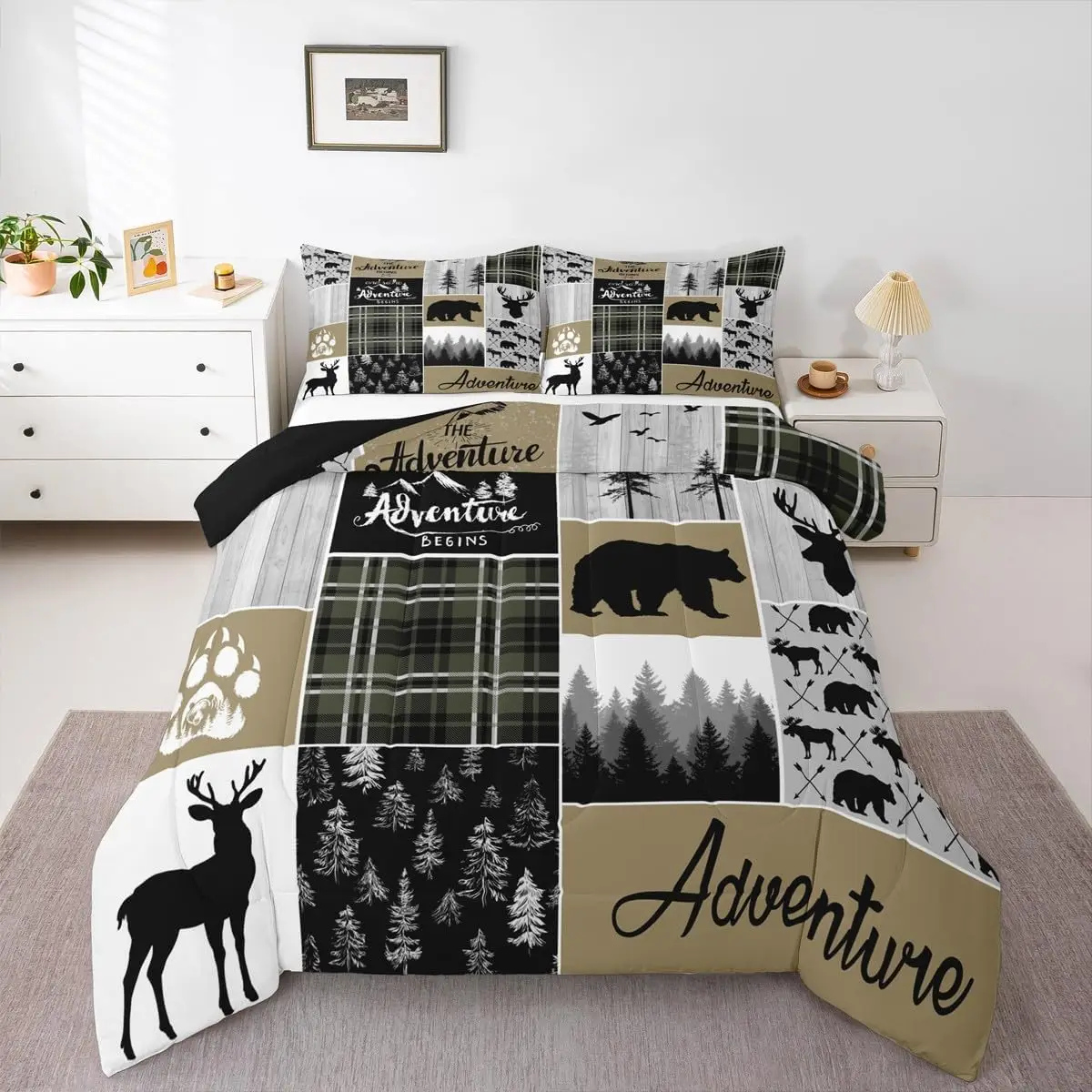 Farmhouse Country Bear Moose Duvet Cover Set Queen Size, Forest Vintage Wood Decor Hunting Camping Adventure Themed Bedding Sets