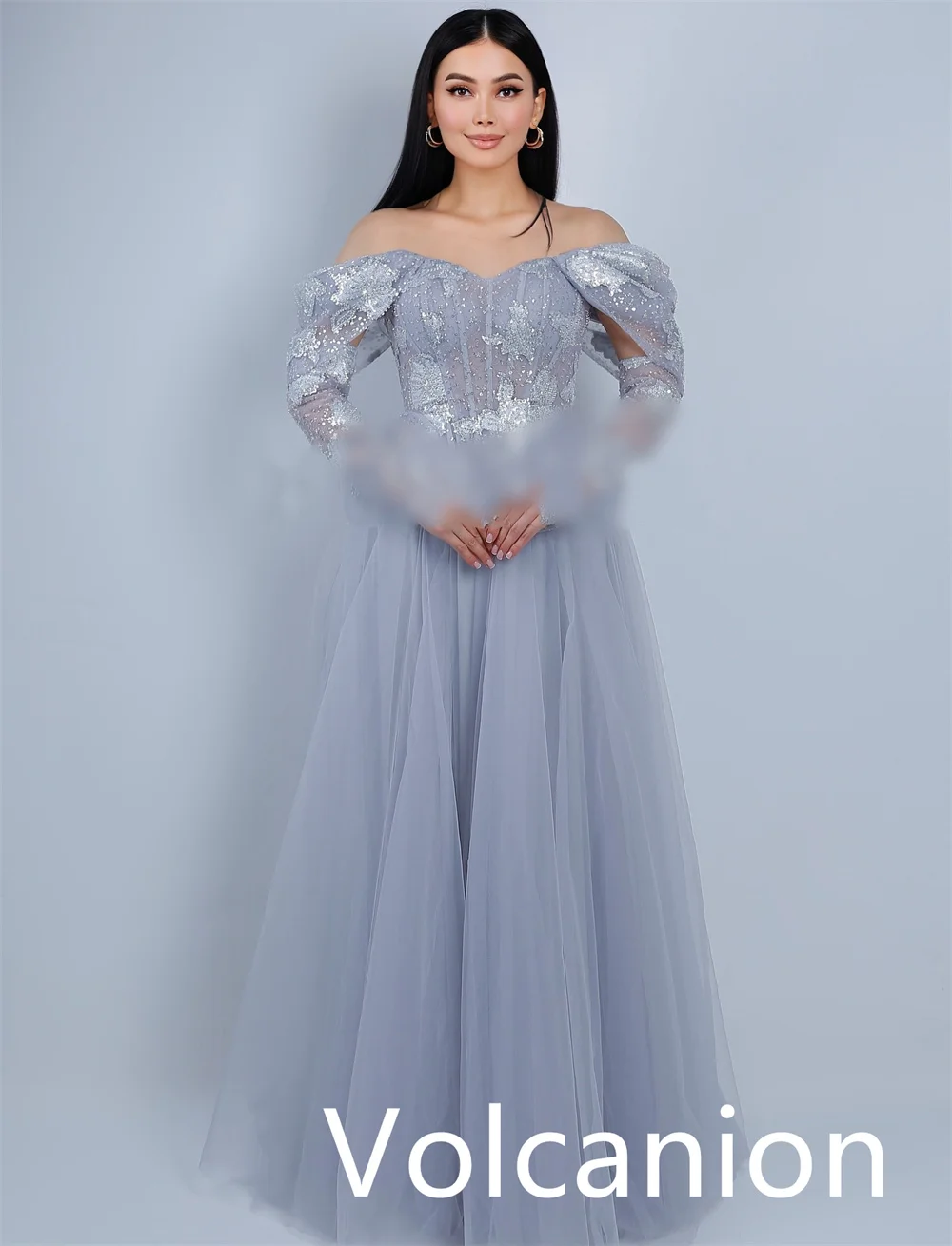 Op maat gemaakte glitter formele chiffon lovertjes plooi A-lijn off-the-shoulder lange jurken op maat gemaakte gelegenheid casual