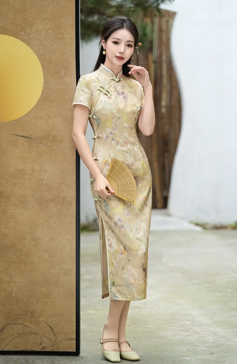 

Vintage Short Sleeve Print Floral Satin Cheongsam Chinese Style Long Dress Traditional Mandarin Collar Sexy Slim Split Qipao
