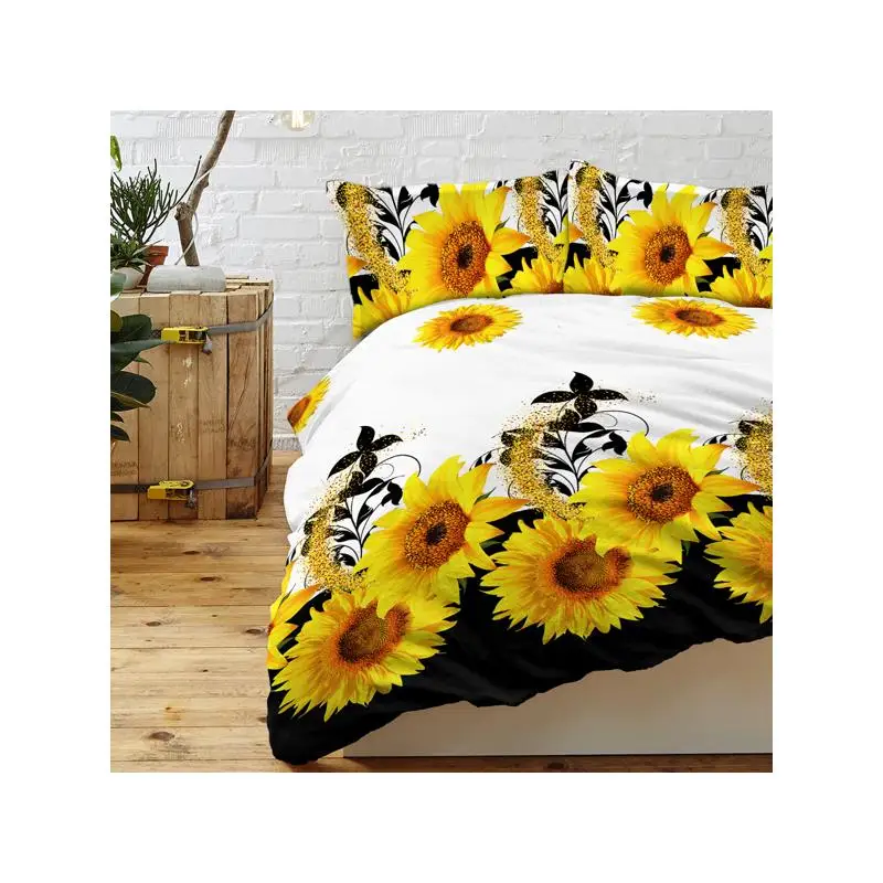 

3-Piece Black & White Sunflower Duvet Cover Set, Yellow Floral Polyester Bedding for Adults, Twin Size Bedroom Decor. Perfect