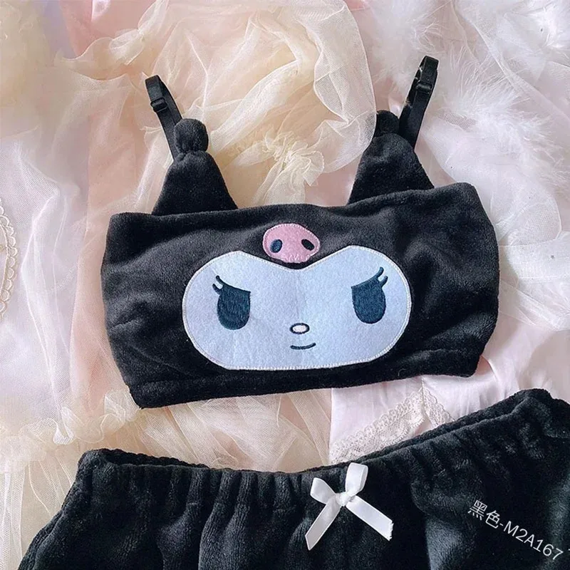 Lyou 2025 Sanrio Kawaii Cartoon Autumn Winter Mymelody Kuromi Cinnamon Flannel Pajamas Underwear Bra Little Devil Sexy Home ★ ★