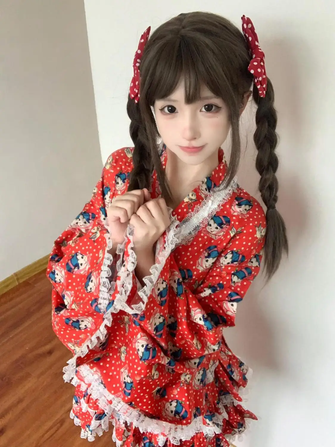 Japan Kimono Vintage Girl Sweet Cute Cartoon Print Red Polka Dot Dress Women Waist Slim-Fit Elegant Beautiful Maid Costume