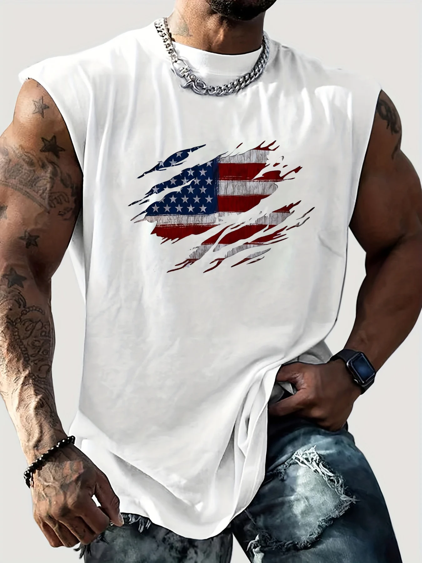 Men's Summer Leisure Sports Fitness Loose American Flag Pattern Printed Comfortable Breathable Round Neck Sleeveless Tank Top