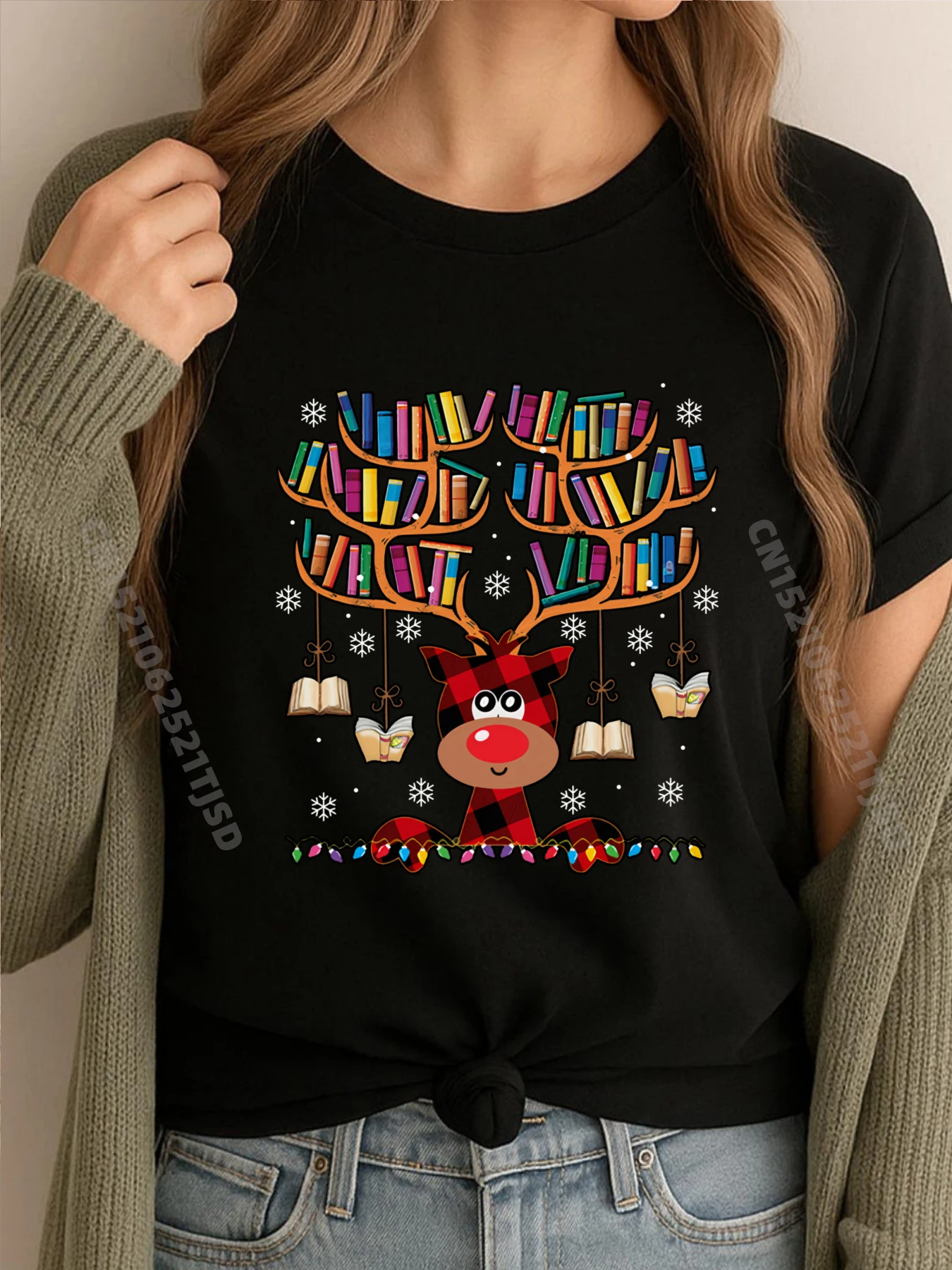 

Christmas Librarian Reindeer Matching Family Book Lover Xmas Graphic Tees Fall Man Clothes Illustration