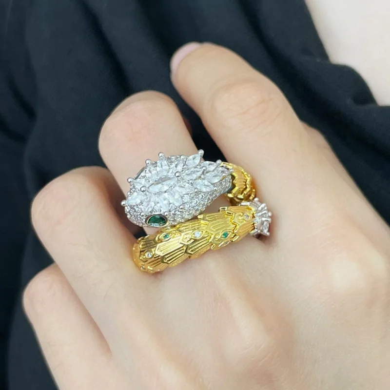 Designer Collection Fashion Style Ring Women Lady Inlay Red Green Cubic Zircon Plated Gold Color Snake Serpent Snakelike Rings