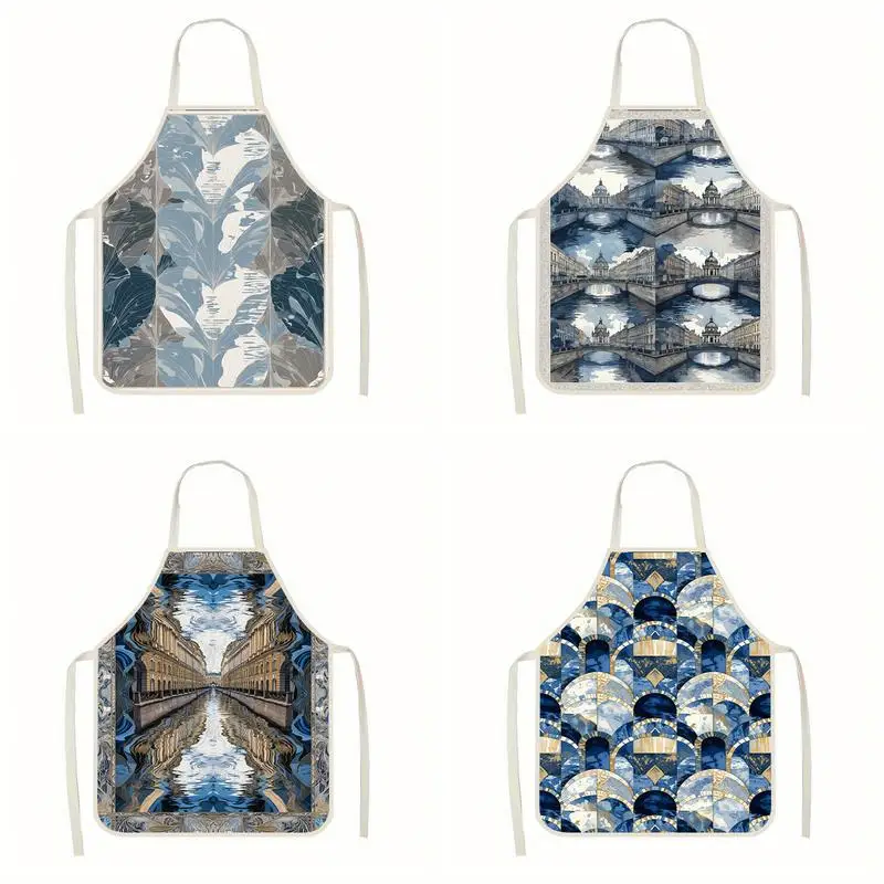 

Blue Patterned Aprons Linen Apron, Suitable For Kitchen Cooking, Parent-Child Interaction, Painting And Other Scenarios