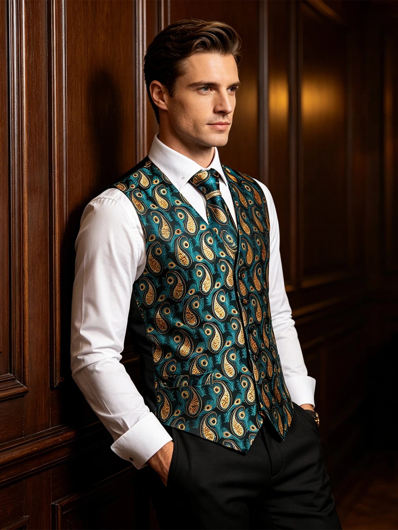 

Delicate Paisley Floral Pattern Matching Set Waistcoat and Formal Accessories