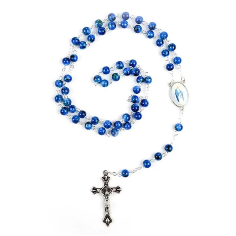 Glass Beads Rosary Catholic Necklace, Fashion Crucifix Pendant Chain