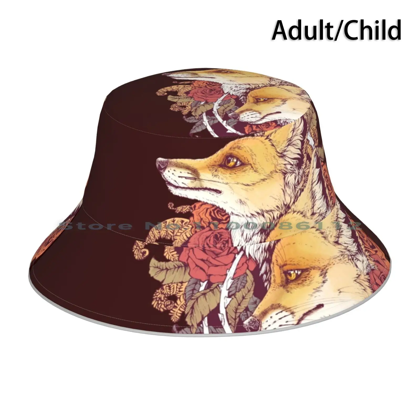 Red Fox Bloom Bucket Hat Sun Cap Roses Red Foxes Vixen Vulpes Floral Rose Bud Fern Spiral Nature Tattoo Natural Animals Inked