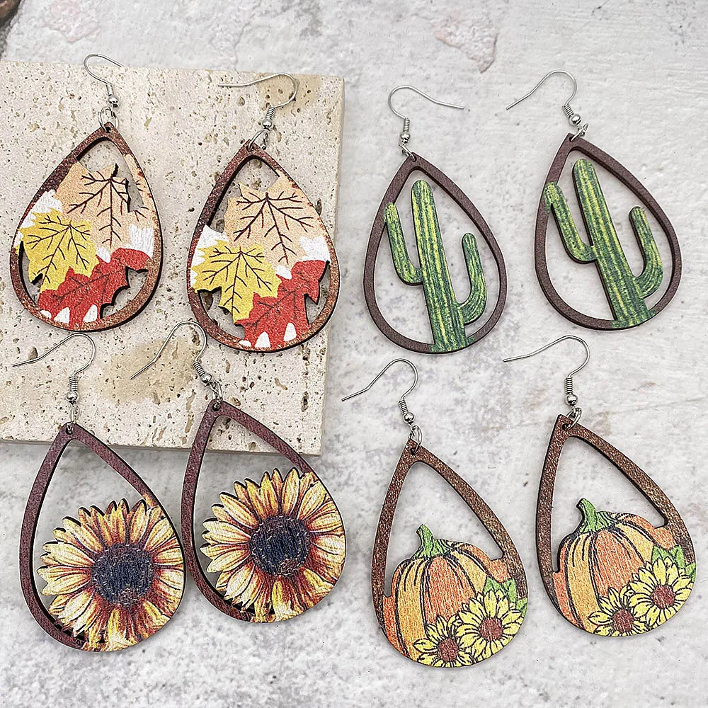 Laser Cutout Wood Sunflower Cactus Teardrop Earrings for Women New Arrival USA Popular Jewelry Boutique Gifts Thanksgiving