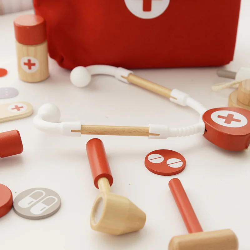 Juego de simulación de madera, kit de médico rojo, juguetes educativos para niños, juego de medicina de simulación médica, juego de rol para niños