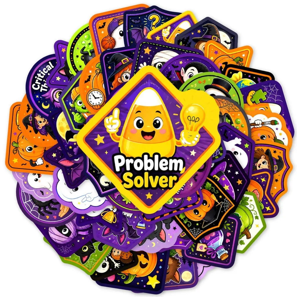 50Pcs Halloween Cartoon Reward Stickers, Waterproof Praise Incentive Decals with English Words Golden Memory Stickers Store