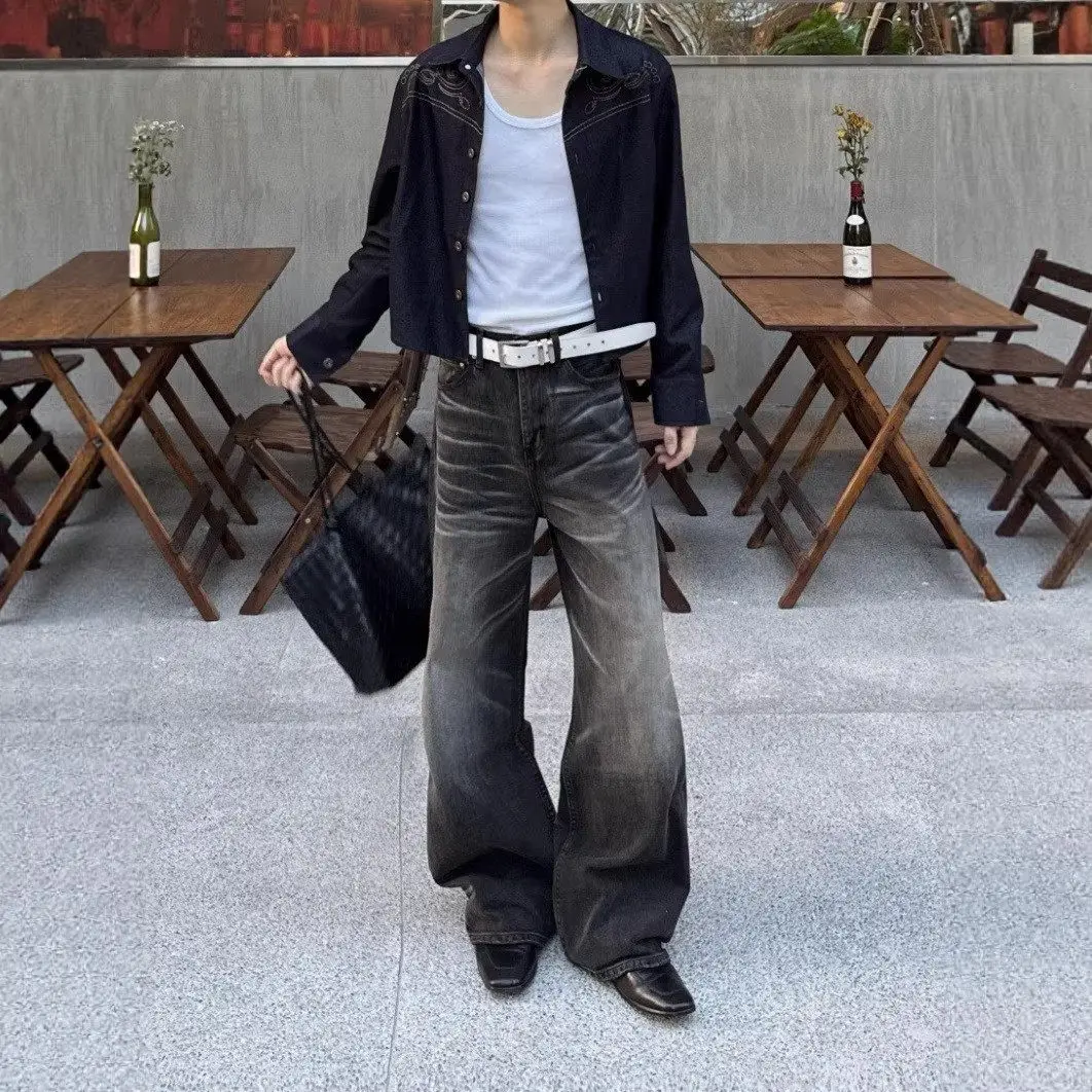 

Waed Bla Denim Jeans Loose Straight Leg Retro Sle mid Waist Dstring Casual Comfortable Stretchable Men's Pants
