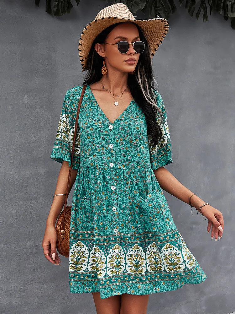 

Floral Print Summer Short Dress Women V Neck Bohemian Short Sleeve Loose Dress