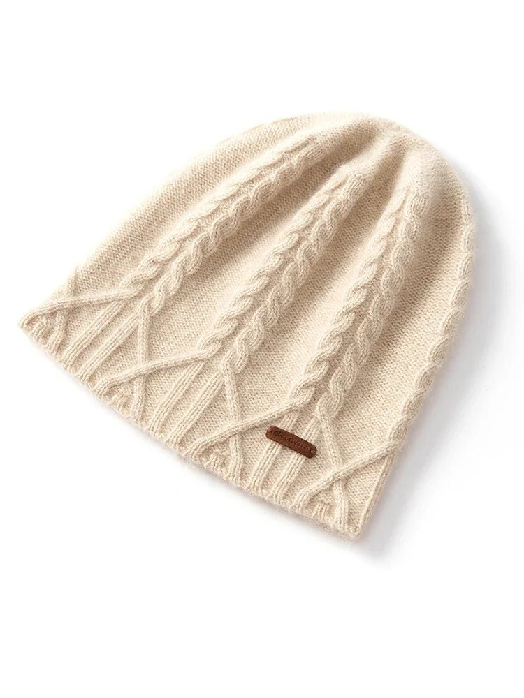 100% Cashmere Knit Cable Beanie Caps Solid Thick Soft Hat Fashion Autumn Winter Warm Highstreet Caps Women Pure Cashmere Bonnet