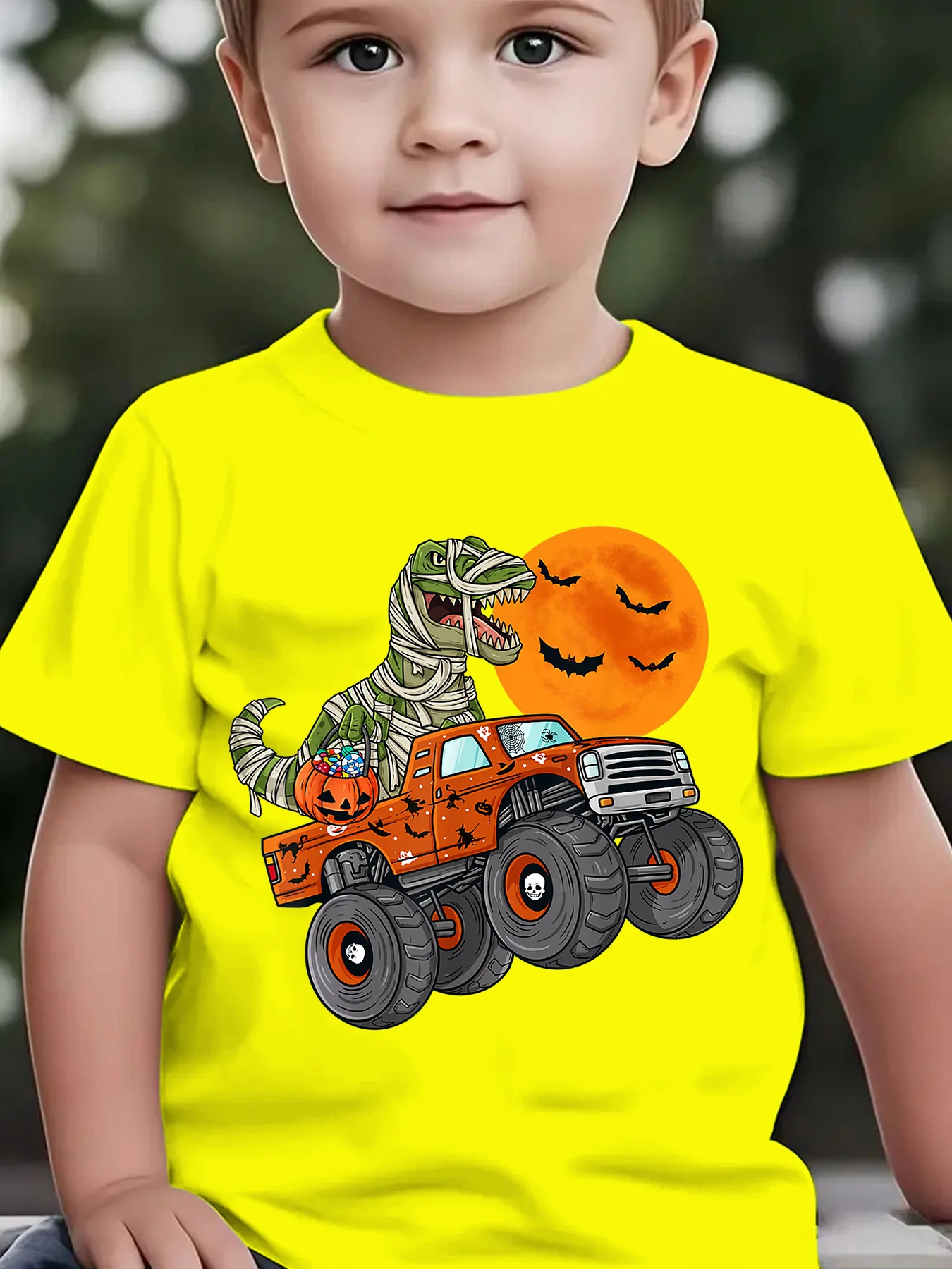 Kids Mummy Dinosaur Riding Monster Truck Print T Shirt Short Sleeve Halloween Bat Pumpkin Graphic Tees Tops For Boys