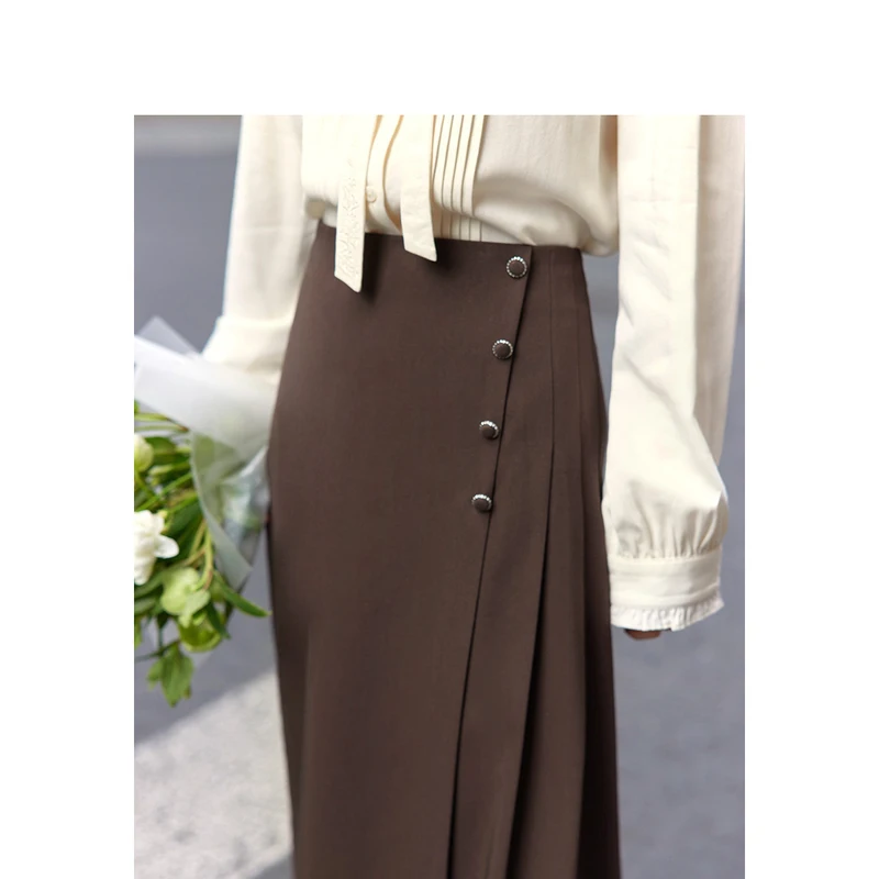 INMAN Women Skirt 2023 Autumn High Waist A-shaped Irregular Design French Commuting Elegant Coffee Black Mid-length Skirt