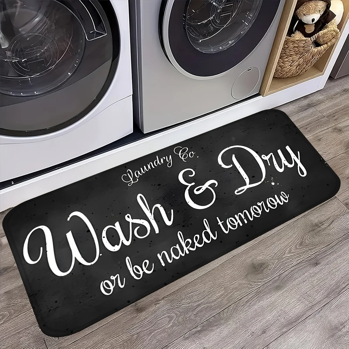Funny Wash & Dry Quote Laundry Runner Rug  Black Speckled Distressed Script Text Non Slip Water Absorbent Laundry Floor Mat