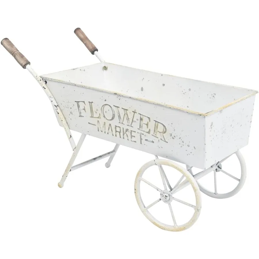 

15 Inch Farmhouse Small Flower Cart with Wooden Handles Metal Wagon Planters for Outdoor Plants Drative Wheelbarrow Plant Cart