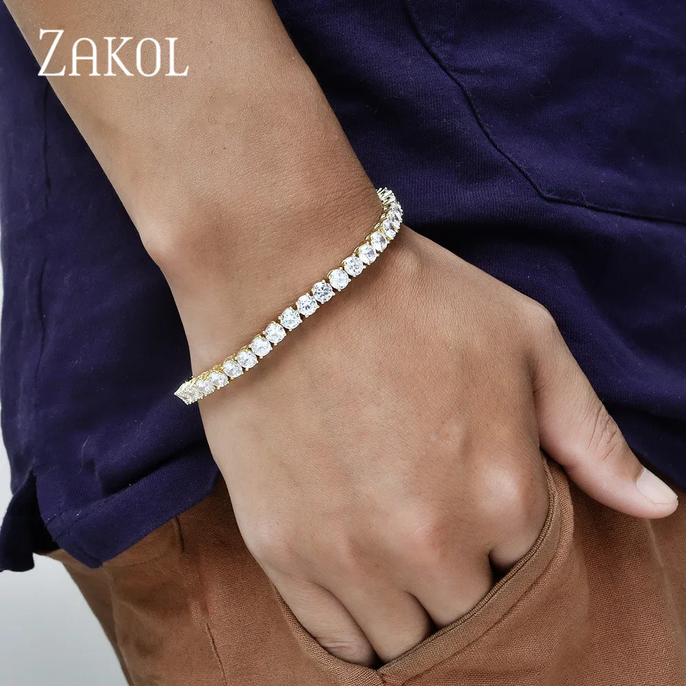 ZAKOL Luxury 5mm Cubic Zirconia Men Tennis Bracelets Crystal Bracelet for Women Silver Color Hip Hop Jewelry