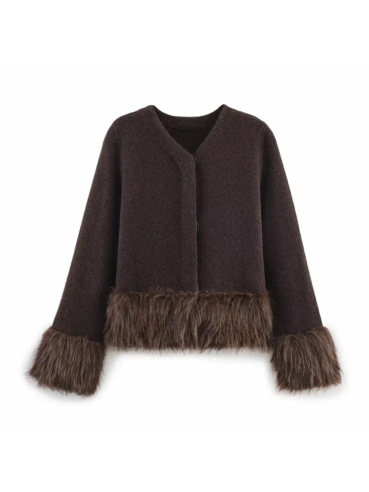 

Women 2025 Autumn Fashion Splicing Jnitting Knitted Cardigan Retro Long Sleeve Chic Single-Breasted Coat Outerwear