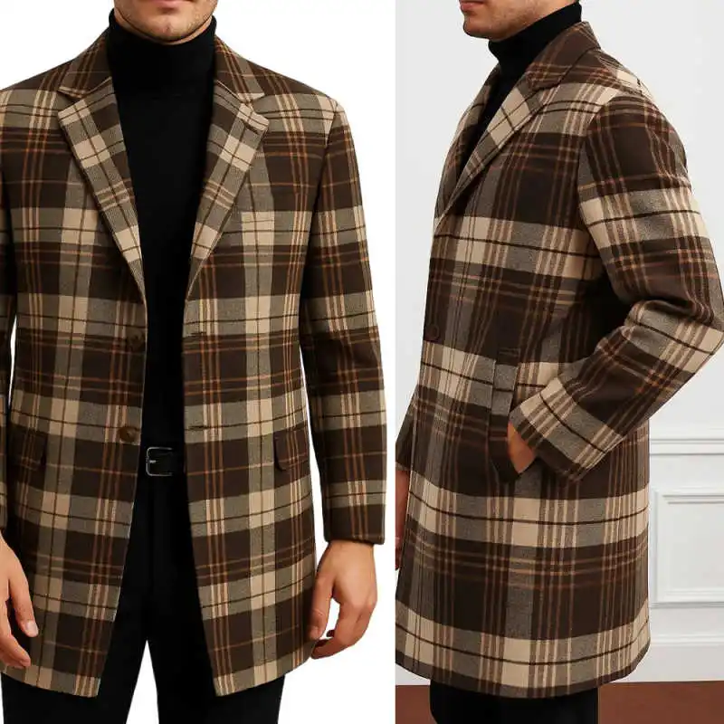 클래식 그리드 울 혼방 남성 오버코트 1피스 싱글 브레스티드 루즈 코트 가을 겨울 따뜻한 스트리트웨어 캐주얼 데일리 맞춤형
