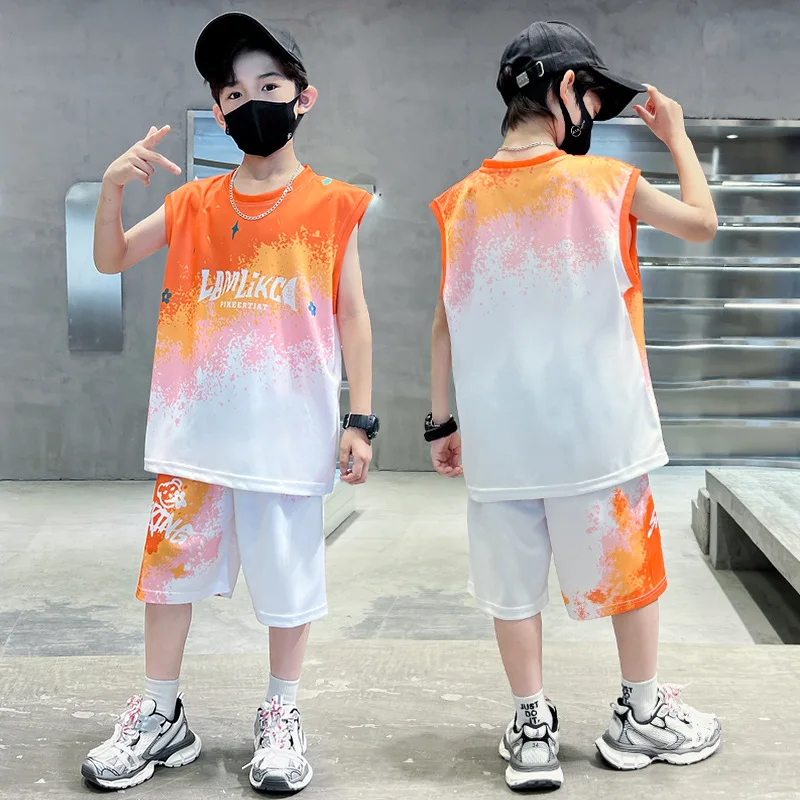 Summer Teenage Boy Clothes Set Children Gradient Tshirts and Shorts 2 Pieces Suit Casual Sleeveless Top Bottom Outfit Tracksuit