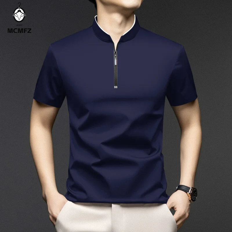 Men's Casual Fashion Zippered Solid Color Short Sleeve Polo Shirt Stand up Collar Versatile Comfortable Top