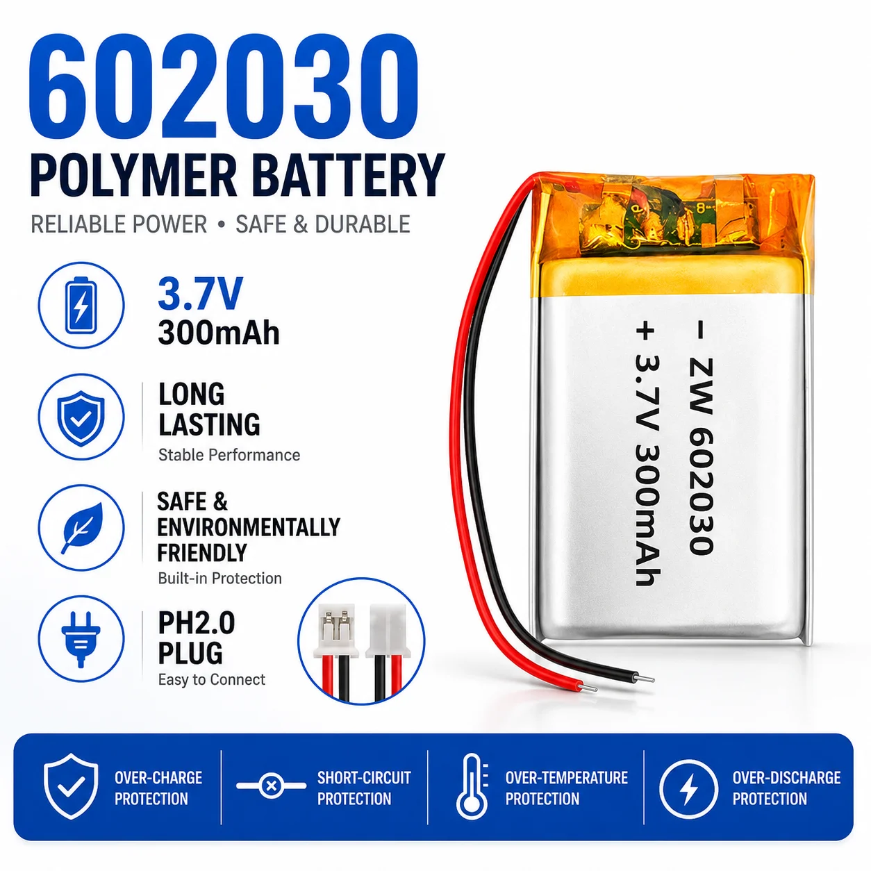 3.7V 300mAh 602030 Lithium Polymer Battery LiPo Cell for Wireless Earphone Facial Massager Voice Recorder Camera