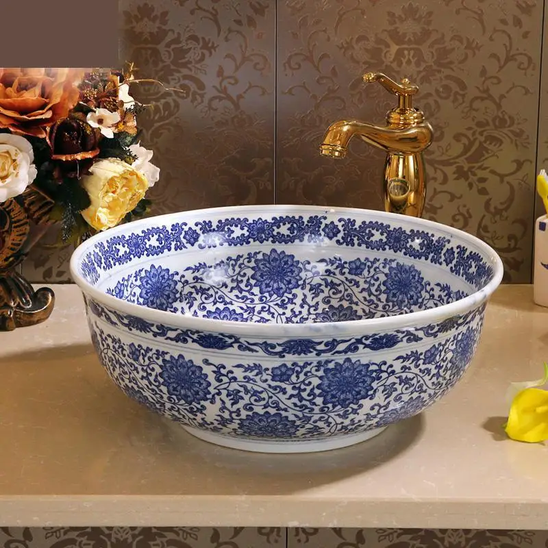 

Artistic Basin Blue And White Porcelain Terrace Basin Balcony Washbasin Chinese Antique home ceramic wash basin bathroom sink