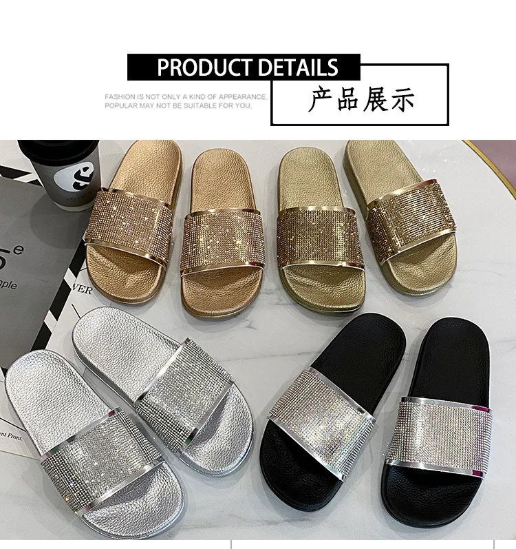 Flash Diamond Slippers PU Bright Metallic Flip Flops Women\'s Casual Shoes PV Good Craft Thick Sole Rhinestone Slippers JX1022-1