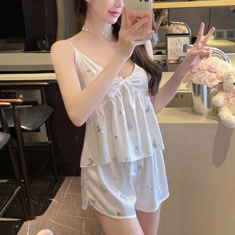 V-Neck Nightwear Pajamas Sets Sexy Sequins Butterfly Women Sleepwear Sleep Suit Casual Satin Pijamas