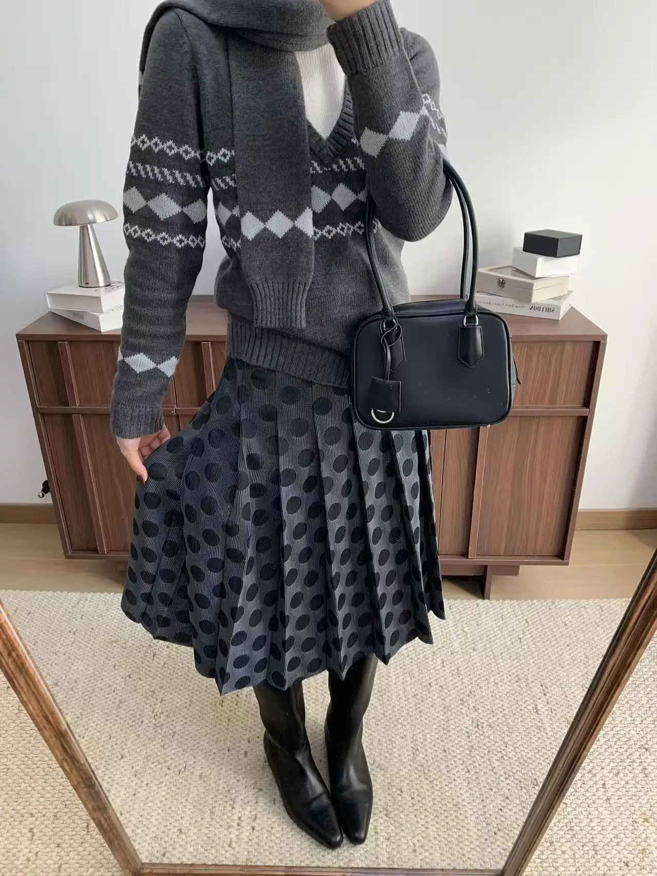 

American Retro One-Piece Polka Dot Pleated Skirt Half Body Covering Women's Low Waist Slimming Spring Autumn Wear Two Ways