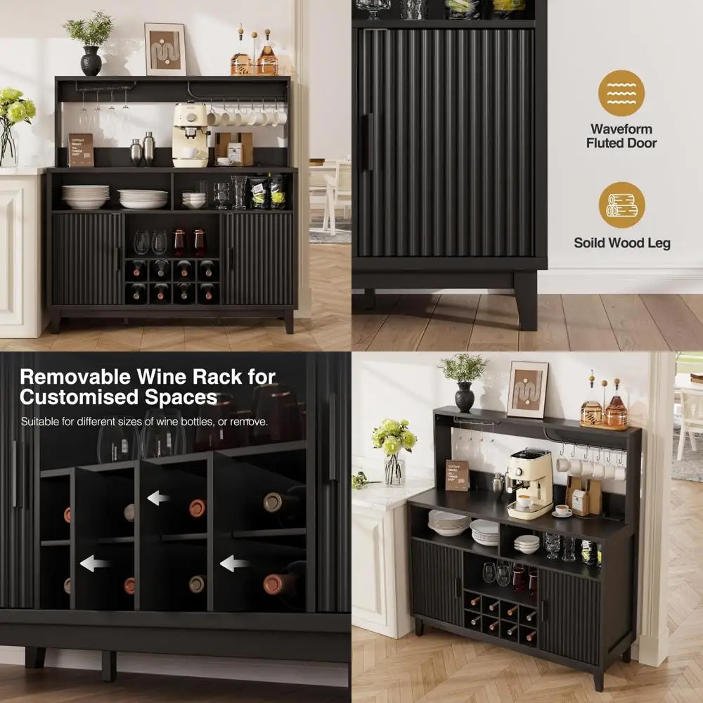 充電ステーション付きモダンな溝付きコーヒーバーキャビネット、幅47.2インチのリカーキャビネット、取り外し可能なワインラックとグラスホルダー付き