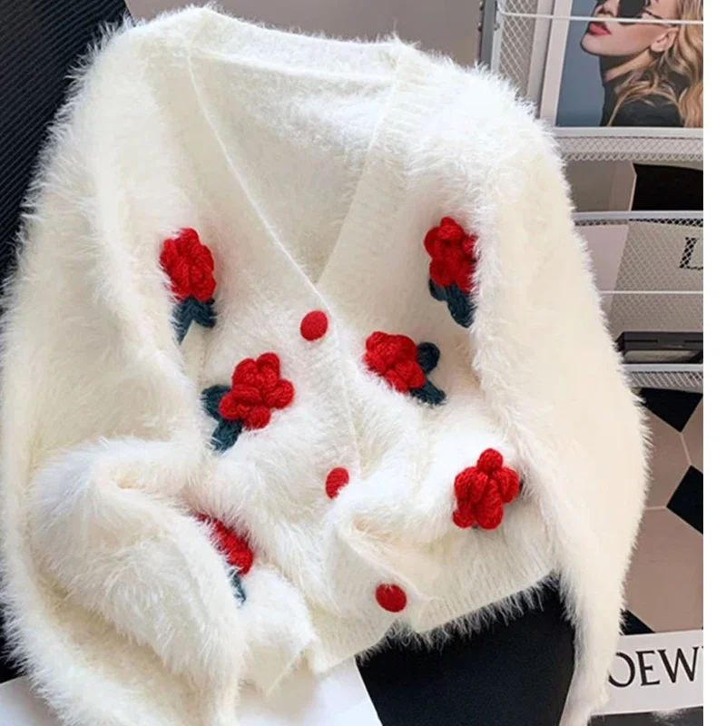 

Harajuku Cropped Knitted Cardigan Women Y2K 3D Flower Sweater Coat Streetwear Oversized Knitwear Jacket Winter Jumpers Outwear