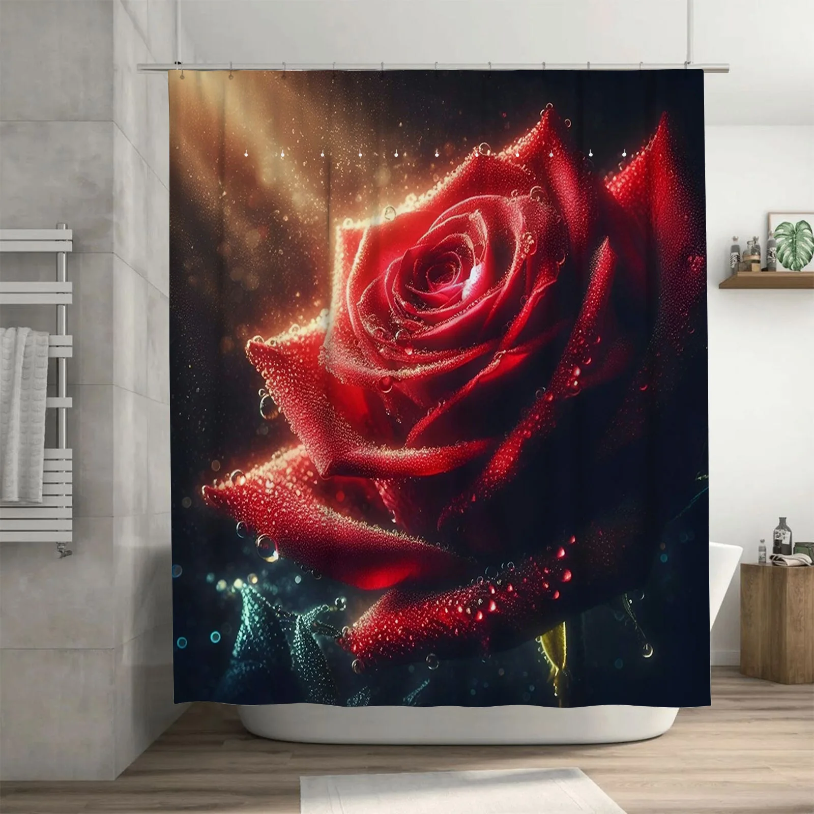 

Vibrant Red Rose Shower Curtain - Dew-Drenched Floral Design for a Waterproof and Unique Bathroom Décor Set