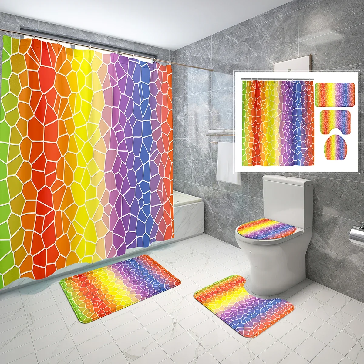 4 PCS/Set Abstract Pattern Shower Curtain Sets,Colored Irregular Shape Bathroom Curtain,Toilet Lid Cover,Non-slip Bath Rugs