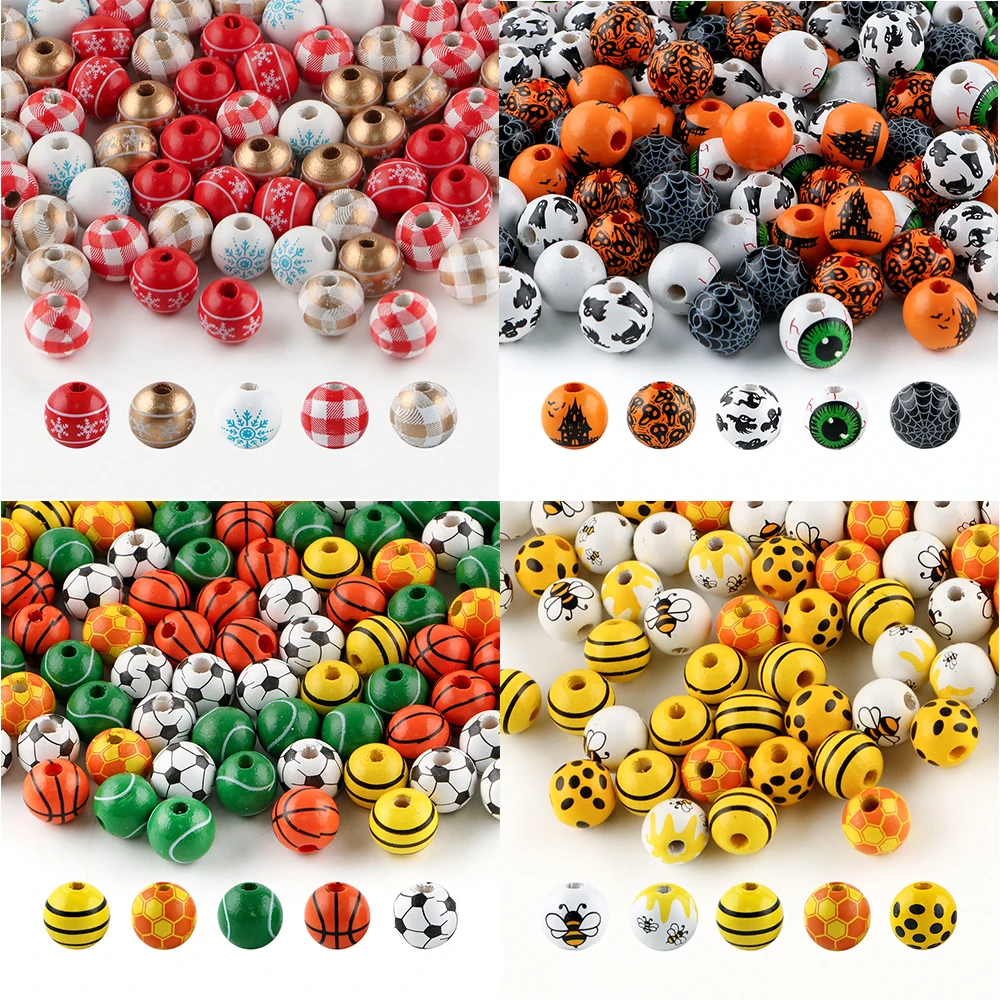 

Kovict 20Pcs/Set 16mm Halloween Christmas Print Natural Wooden Beads Kits For Jewelry Making DIY Necklace Bracelets Accessories