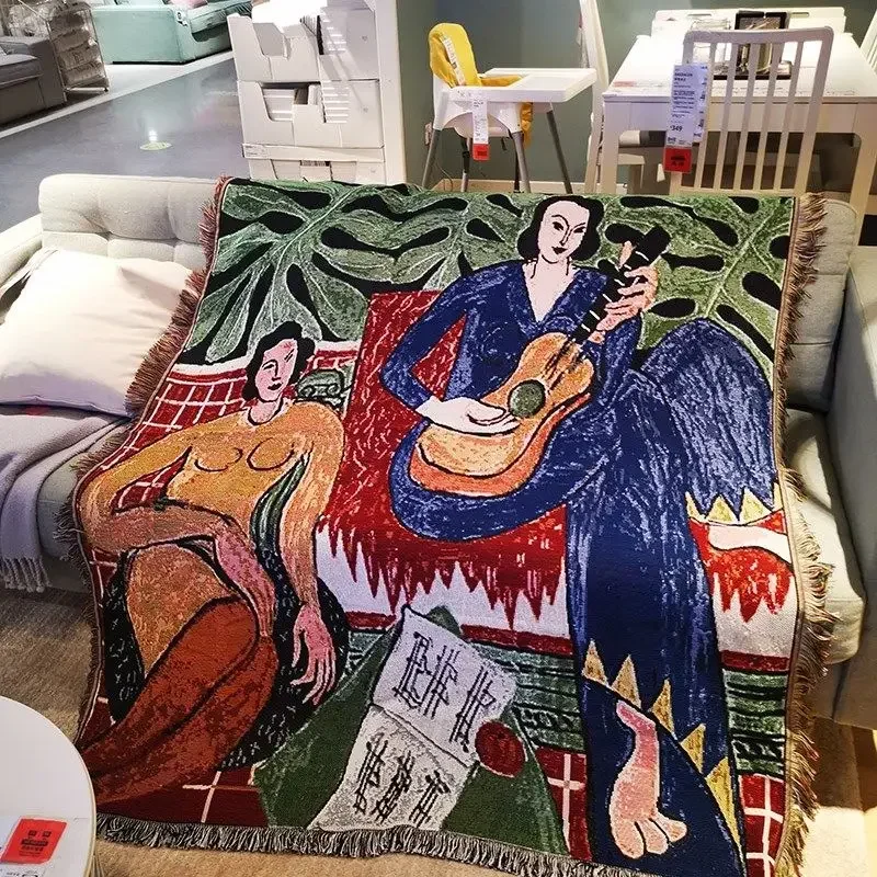 Drukowany obraz olejny gobelin z dzianiny z frędzlami w stylu Vintage na sofę koce Sofa czerwony koc mata piknikowa kempingowy