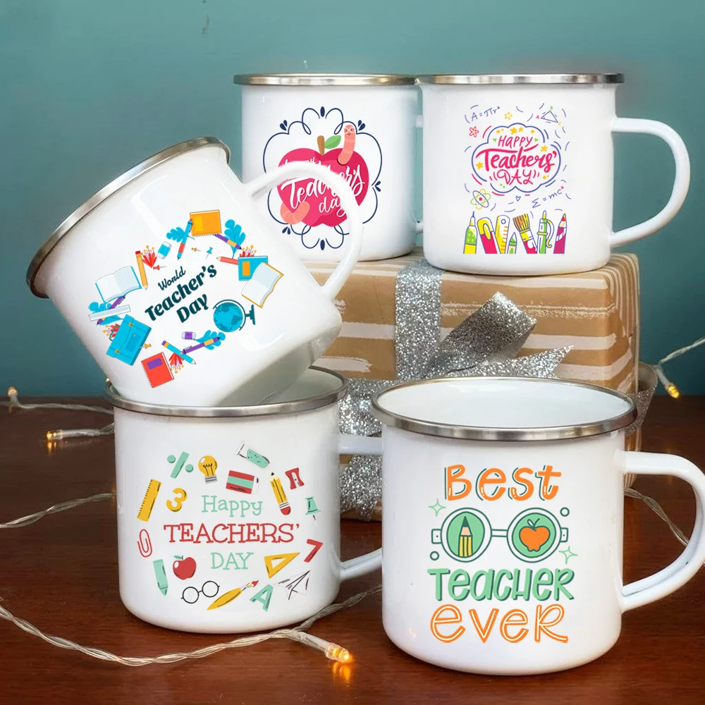 Best teacher ever printed coffee mug white enamel cups handle cocoa cup home office drinking mugs teacher's day graduation gifts