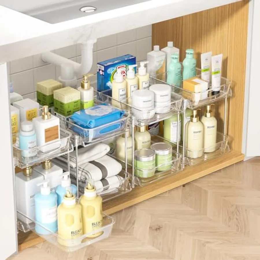 

Under Sk Organizer, Bathroom Organizers and Storage, 2 Tier Multi-Use Pull Out Cabinet Organizer with Hang Hooks and Cups,4 Pac