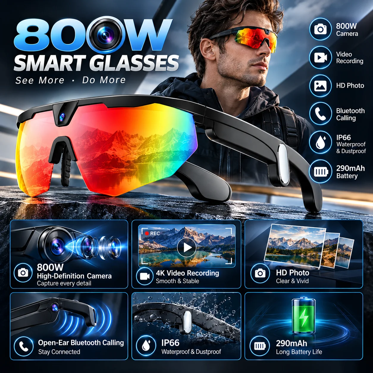 LIGE 2026New Smart Sunglasses 800W Pixels Camare Anti-shake Video Shooting Sports Protective Goggles BT Calling Smart Sunglasses